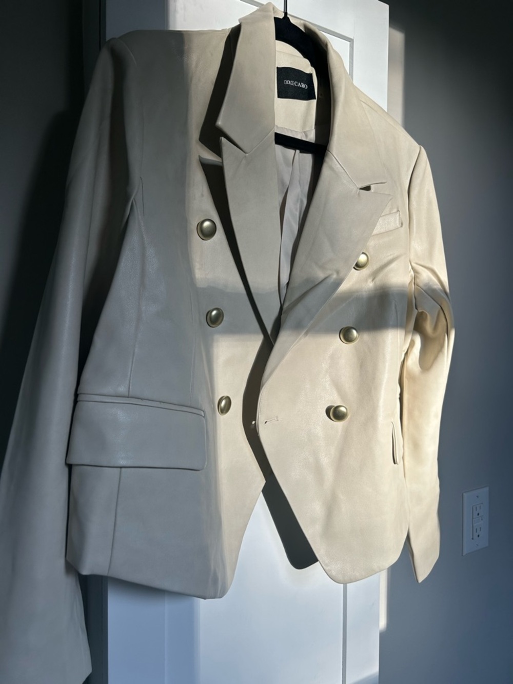 Dolce Cabo Cream Double-Breasted Leather Blazer Faux